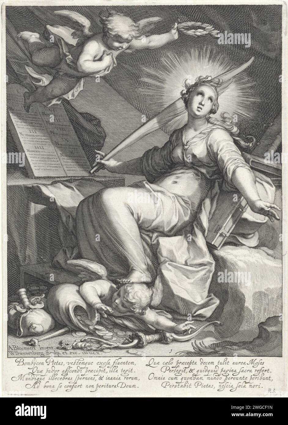 Pietà, Willem Isaacsz. Di Swanenburg, dopo Abraham Bloemaert, 1610 stampa Una donna è come personificazione della pietà in due pietanze in pietra con i dieci comandamenti su di essa. Una corona di raggi può essere vista intorno alla sua testa e nella sua mano destra ha un ramo di palma. Ci sono dei libri dietro di lei. Un putto la incorona con una corona di alloro e con il piede viaggia un altro putto che giace con un sacco di soldi. Sotto la performance c'è un testo latino a otto righe con una descrizione della performance e della virtù in generale. Stampatore: Leidenafter design by: Utrecht (possibilmente) paper Engraving Devotion, p Foto Stock