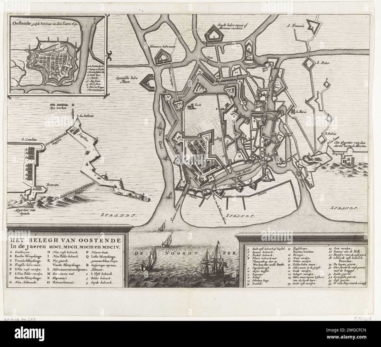 Assedio di Ostenda, 1601-1604, 1700 - 1749 stampa assedio di Ostenda. Mappa delle linee difensive e d'attacco intorno alla città e nell'area circostante, a sinistra il quartiere di Spinola, a destra il quartiere dell'Arciduca Alberto. In basso due tocchi con il titolo e le leggende A-R e 1-34. In alto sinistra una scommessa con una mappa della città nel 1641. Carta dei Paesi Bassi del Nord incisione Vittoria, posizione era Ostenda Foto Stock