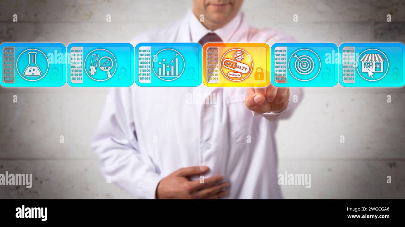 Ricercatore farmaceutico non riconoscibile che seleziona un record digitale su farmaci speciali tramite un blocco in una blockchain. Pharma IT metafora per distribuito Foto Stock