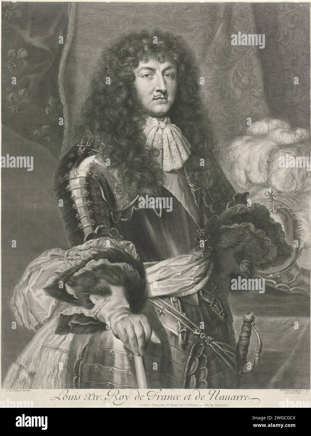 Ritratto di Luigi XIV, re di Francia e Navarra, Nicolas Pitau (i), dopo Claude Lefèbvre, 1644 - 1671 stampa Parigi carta incisione armatura Foto Stock