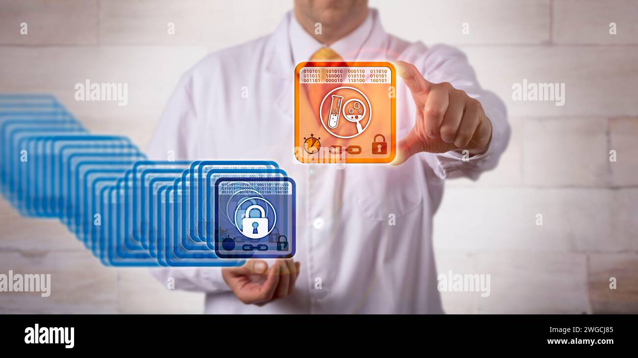 Ricercatore farmaceutico maschile irriconoscibile che accede al blocco di ingresso più recente in una blockchain. Concetto di gestione IT Pharma per la distribuzione Foto Stock