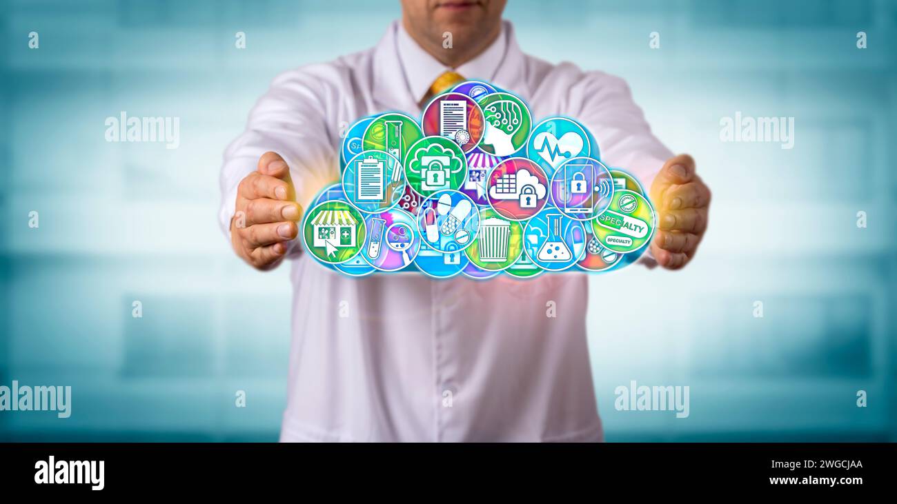 Lo scienziato della ricerca farmaceutica maschile irriconoscibile protegge le applicazioni nel cloud. Concetto IT Pharma per Managed Services, mobile e clou Foto Stock
