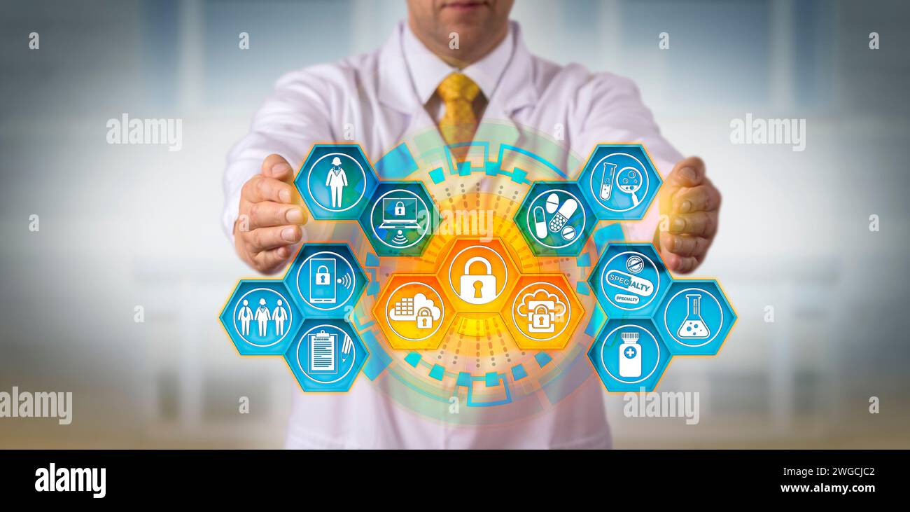 Scienziato farmaceutico irriconoscibile che protegge i dati sensibili della ricerca sui farmaci tramite applicazioni di crittografia. Gestione dei dati farmaceutici e metap della sicurezza Foto Stock