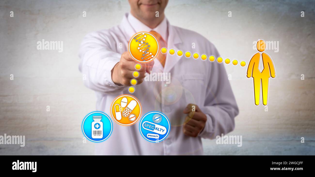 Ricercatore farmaceutico irriconoscibile che mette in relazione la composizione genetica di un paziente con la sua risposta a un farmaco. Pharma and Health care concept per p Foto Stock