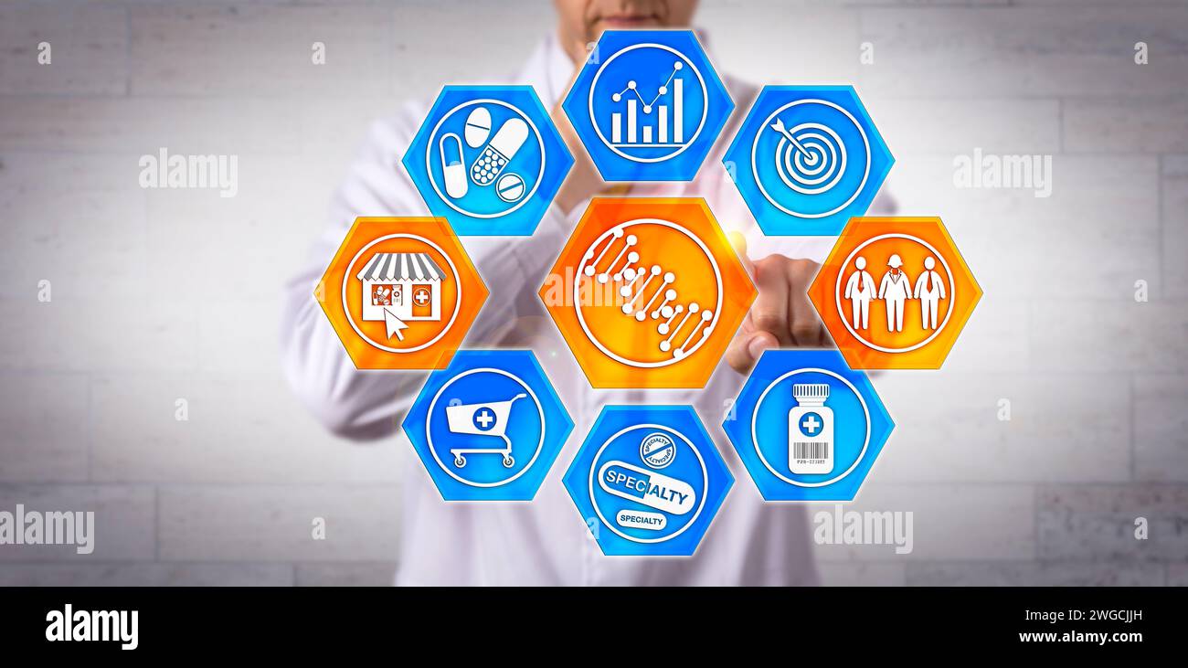 Farmacista irriconoscibile che utilizza la sequenza genomica per migliorare l'assistenza sanitaria personalizzata per i pazienti. Concetto di assistenza sanitaria e farmaceutica per la farmacogenomica Foto Stock