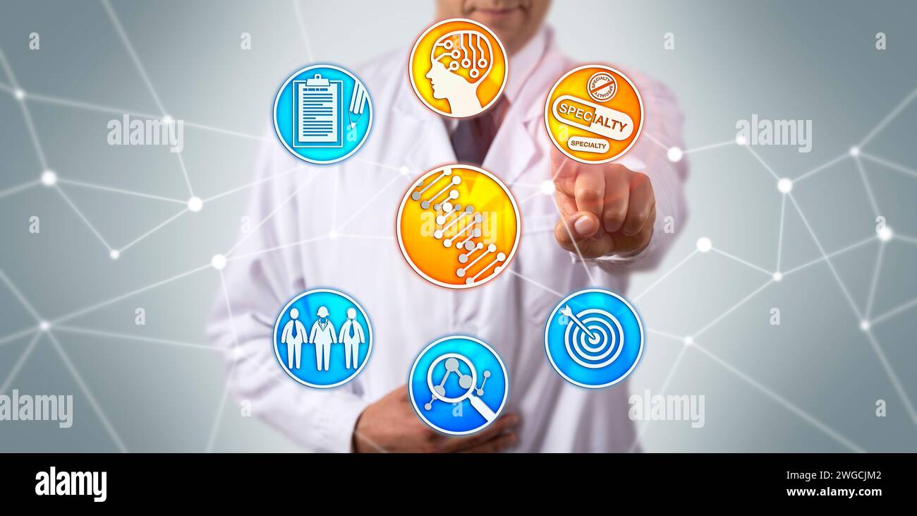 Medico che utilizza il sequenziamento del genoma e l'intelligenza artificiale per determinare un trattamento personalizzato e specifico per i pazienti. Concetto di salute per Pharma Foto Stock