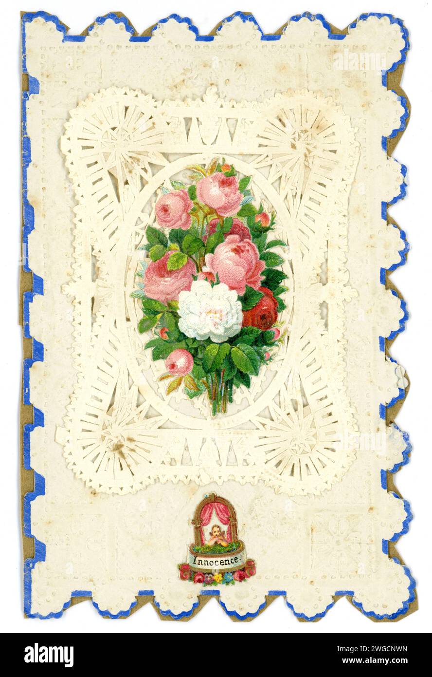 Biglietto originale di San Valentino in pizzo di carta goffrato vittoriano, il messaggio è innocenza e fiori. Regno Unito circa 1890 Foto Stock