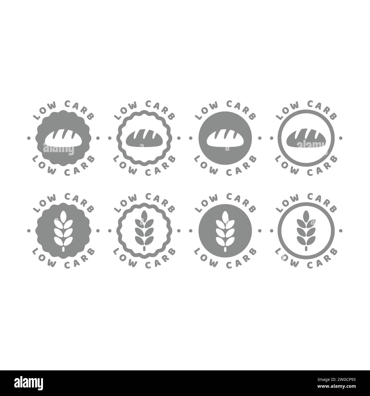 Set di etichette vettoriali a basso contenuto di carboidrati. Timbri nutrizionali e dietetici. Illustrazione Vettoriale
