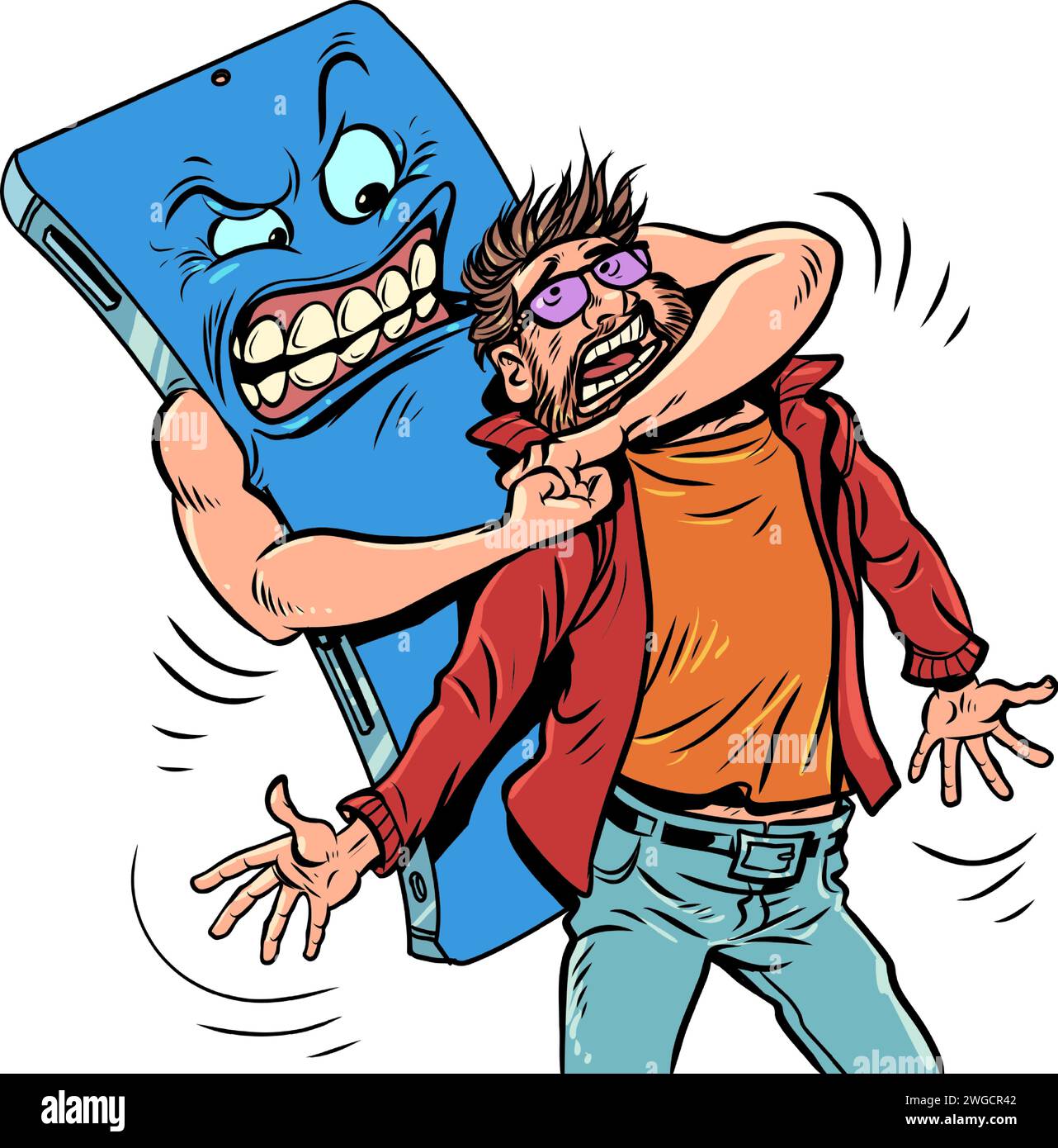 Cattive abitudini danneggiano una persona. La dipendenza dell'umanità dalla tecnologia moderna. Il telefono sta strangolando un uomo con gli occhiali. Cartoni animati a fumetti pop art retro Vector i Illustrazione Vettoriale