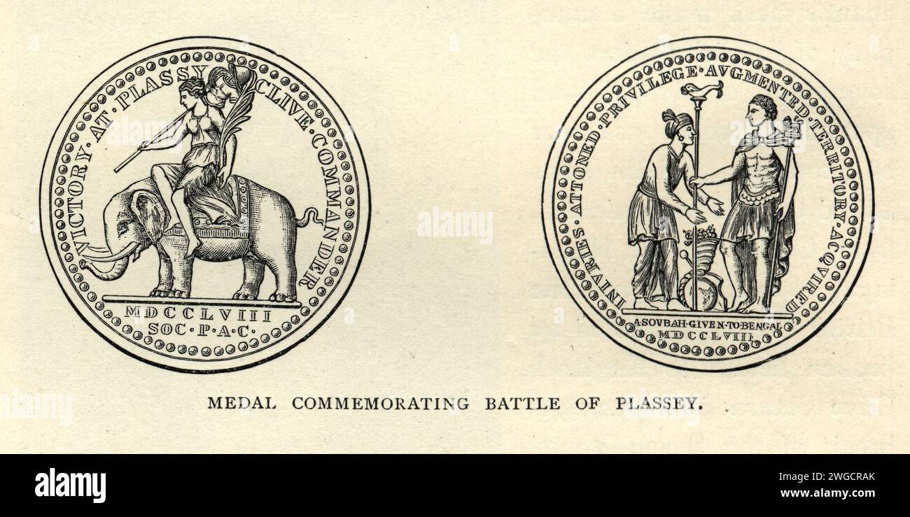 Medaglia commemorativa della battaglia di Plassey, una vittoria decisiva della compagnia britannica delle Indie Orientali, sotto la guida di Robert Clive, sul Nawab del Bengala e sui suoi alleati francesi il 23 giugno 1757 Foto Stock