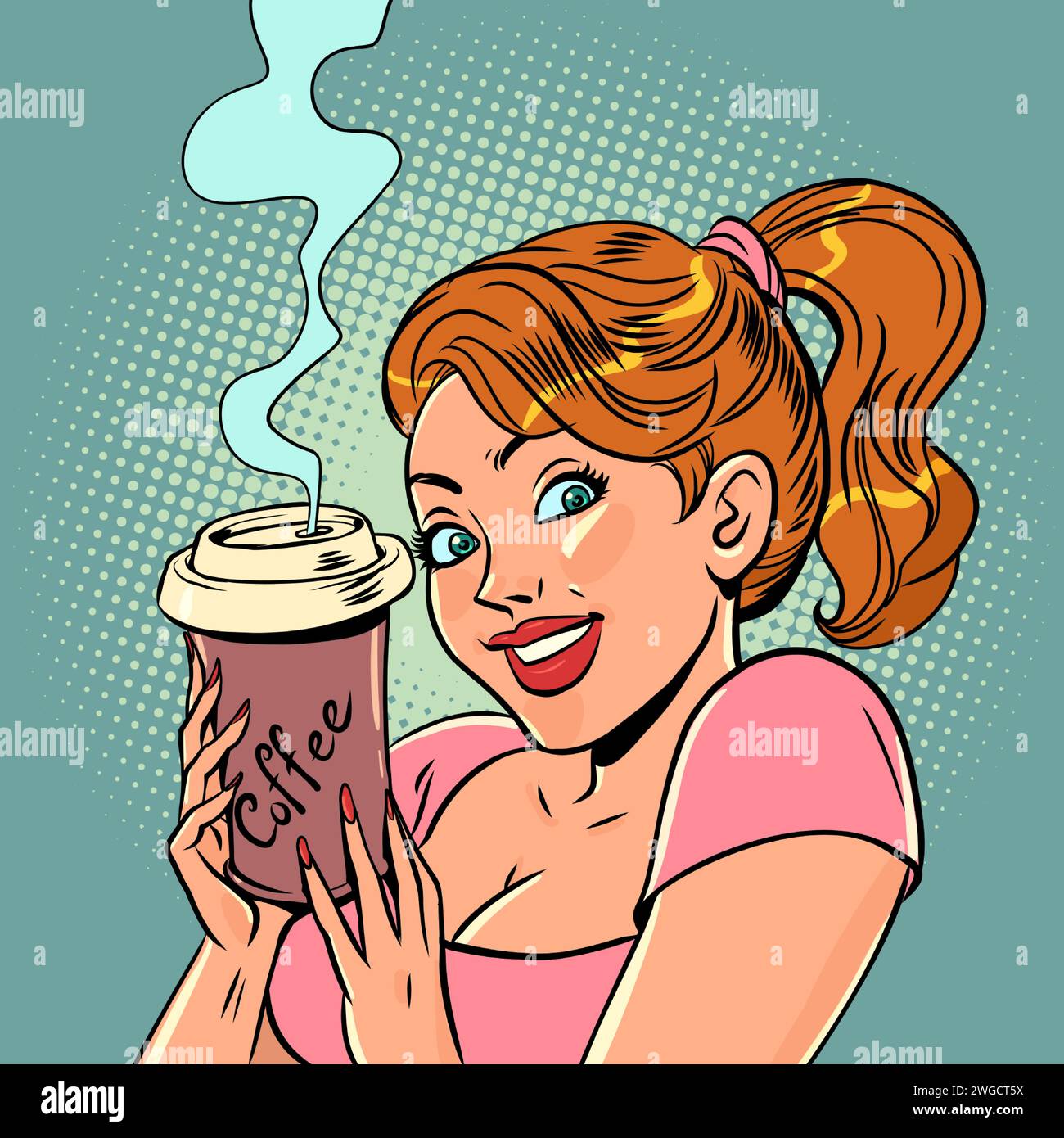 Offerta di bevande calde e deliziose. Una ragazza con i capelli rossi tiene in mano una tazza di caffè caldo. Cartoni animati a fumetti pop art illustrazione vettoriale retrò hand drawi Illustrazione Vettoriale