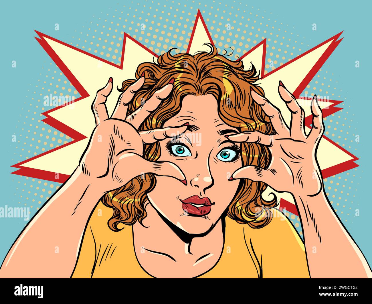 Incredibile delizia per i prezzi e le offerte uniche. Una sorpresa inaspettata per tutti. La ragazza è sorpresa e tiene gli occhi con le mani. Fumetti Illustrazione Vettoriale