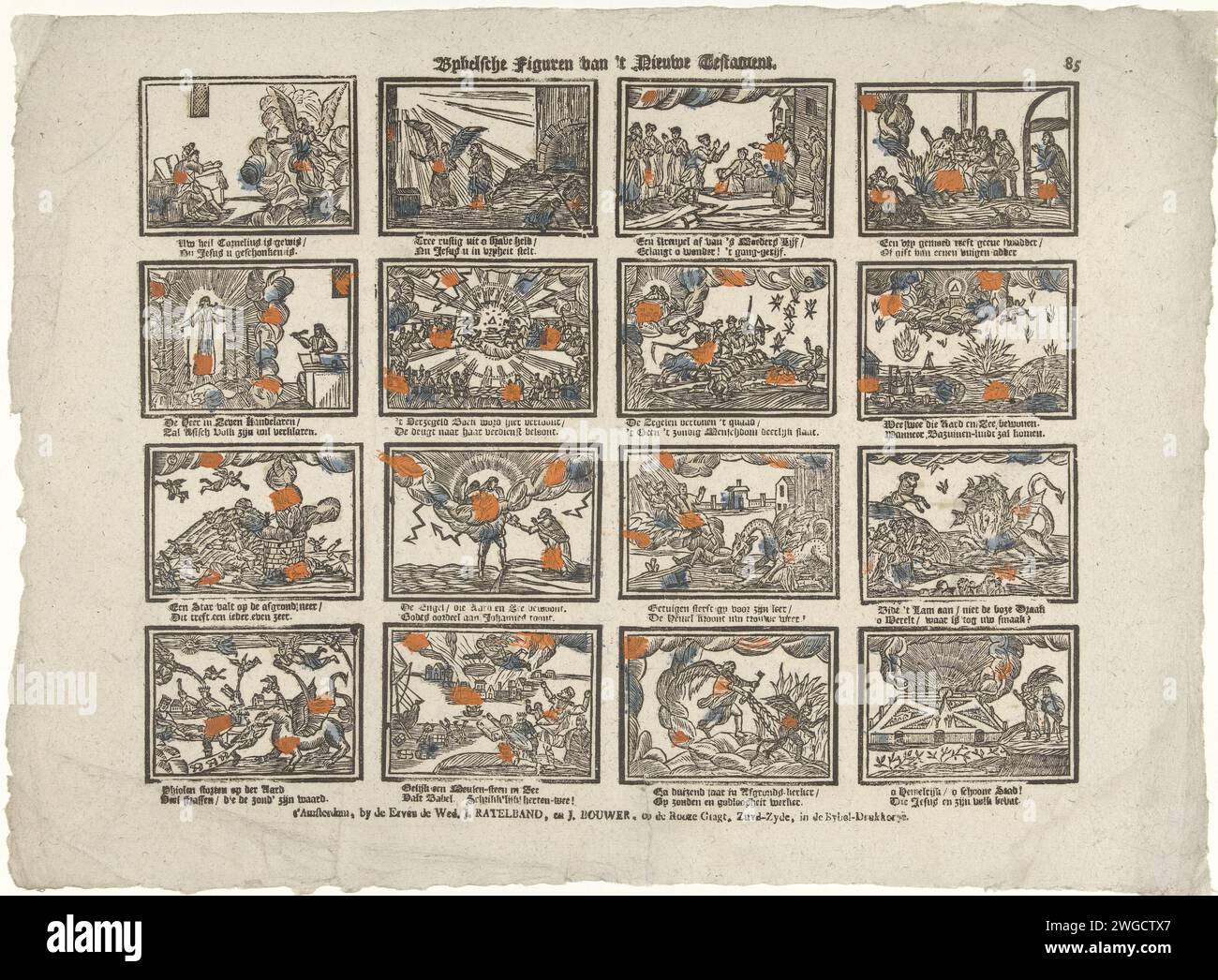 Bybelsche figure del nuovo Testamento, c. 1782 - c. 1793 stampa Leaf con 16 esecuzioni di storie del nuovo Testamento. Sotto ogni immagine un verso bidirezionale. Numerato in alto a destra: 85. Editore: Amsterdamprint Maker: Stampa tipografica su carta olandese New Testament Foto Stock