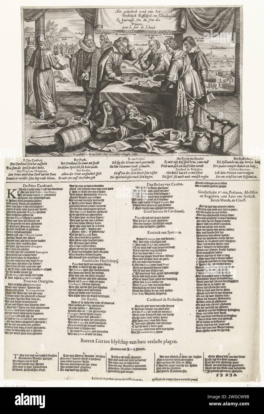 Fine del gioco Om Schenckenschans, 1635-1636, 1636 stampa Cartoon sulla battaglia per gli Schenckenshans negli anni 1635-1636. La fine della partita intorno agli Schans. Frederik Hendrik e il cardinale Infant Ferdinand dice ad un tavolo intorno al forte. Lo stadholder lancia il lancio vincente. Il Cardinale Infant gratta la testa, il Conte Johan van Nassau guarda le pietre attraverso il binocolo. A sinistra il papa, il vescovo di Colonia, il re di Spagna e l'imperatore se ne vanno. Sulla destra il cardinale Richelieu sta guardando. Lasciati sullo sfondo, i Kleefse Farmers ballano di gioia. Un prete e una suora Foto Stock