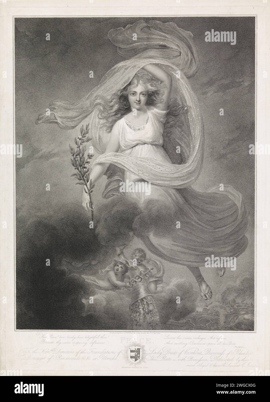 Allegoria sulla pace di Amiens, 1802, Christiaan Josi, 1802 stampa Allegoria sulla pace di Amiens, il 27 marzo 1802, che pose fine alla guerra tra Gran Bretagna e Repubblica francese, Spagna e Repubblica Batava. La centrale galleggia tra le nuvole con un ramo d'oliva in mano. In basso due putti (commerciali e abbondanza) con un corno di abbondanza, una città sulla destra distrutta dalla guerra. Nella didascalia un verso di quattro righe in inglese e l'arma della fondazione. La stampa include una dichiarazione. Simboli dell'incisione di carta londinese, allegorie della pace, "Pax"; "Pace" (Ripa). 'Cor Foto Stock