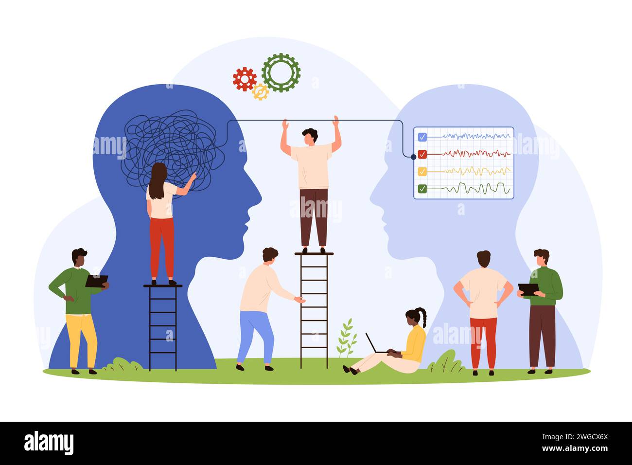 Soluzione dei problemi con metodo semplificato, da complesso a semplice. Le piccole persone districano il caos dei fili nel cervello umano, dividono i processi complicati in semplici soluzioni illustrazioni vettoriali dei cartoni animati Illustrazione Vettoriale