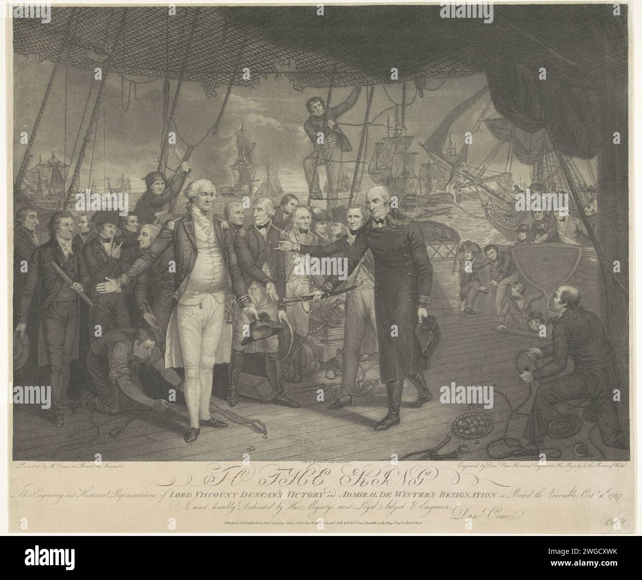 Resa dell'inverno dopo la battaglia del mare perduto a Kamperduin, 1797, Daniel orme, 1800 stampa resa del vice ammiraglio Jan Willem de Winter ad Adam Duncan a bordo della nave da guerra britannica la Venerable, l'11 ottobre 1797 dopo la battaglia persa a Kamperduin. De Winter presenta la sua sciabola a Duncan. Londra carta resa  guerra (+ navi a vela). Battaglia di Camperdown Foto Stock