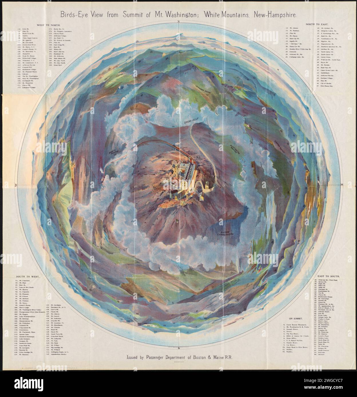 Mappa turistica che mostra la vista a volo d'uccello dalla cima del Monte Washington; White Mountains, New Hampshire. Rilasciato dal Passenger Department of Boston Maine Railroad Foto Stock