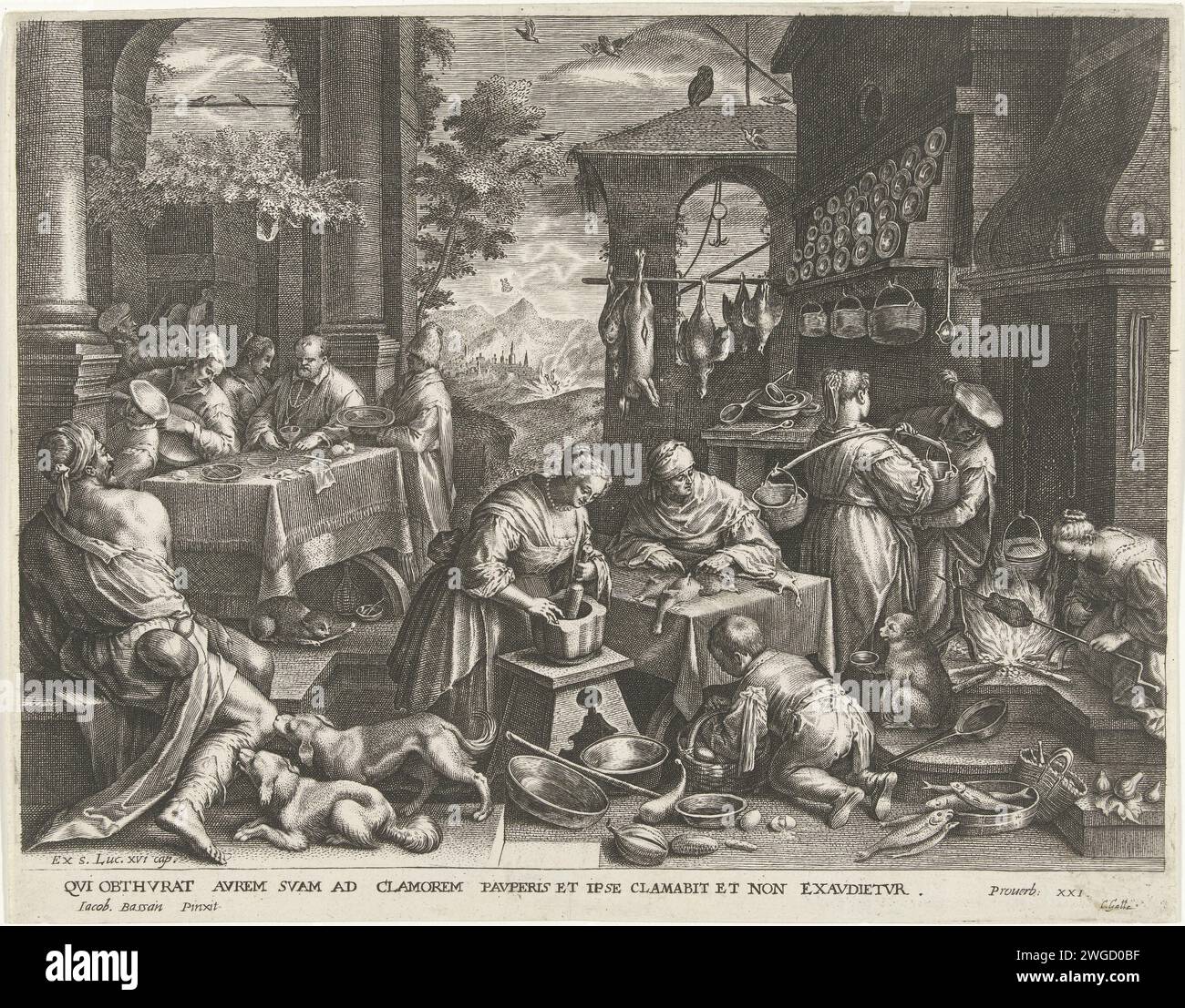 Somiglianza tra il ricco e il povero Lazzaro, Cornelis Galle (i), dopo Johann Sadeler (i), dopo Jacopo Bassano, c. 1586 - c. 1650 stampa il ricco è riccamente servito nella sua casa. In cucina viene preparato un ampio banchetto. Il povero Lazzaro, mendicante, sta morendo di fame davanti alla casa. Due cani leccano sono ferite. Sullo sfondo si può vedere in un paesaggio come l'uomo ricco finisce nel fuoco dell'inferno, e Lazzaro è ammesso al cielo. La carta sconosciuta che incide il ricco (immersioni) è in festa, mentre il povero Lazzaro sta morendo di fame al cancello (cani che leccano le piaghe di Lazzaro) (Luca 16:19-31) Foto Stock