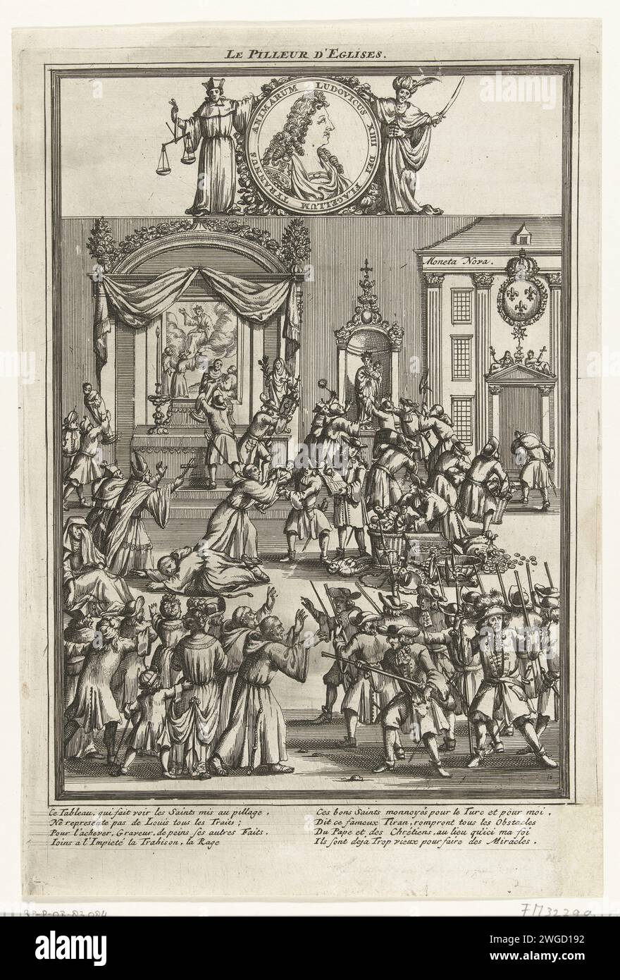 La chiesa saccheggiata da Luigi XIV, ca. 1701-1713, 1701 - 1713 stampa Una chiesa cattolica francese viene saccheggiata dalle truppe di Luigi XIV dove gli oggetti di valore vengono confiscati al tesoro statale. Due versi in francese nella didascalia. Parte di un gruppo di singoli cartoni animati su Luigi XIV durante la guerra di successione spagnola, ca. 1701-1713. Carta dei Paesi Bassi settentrionali incide caricature politiche e satire. saccheggio della costruzione di chiese, conventi, ecc. Foto Stock
