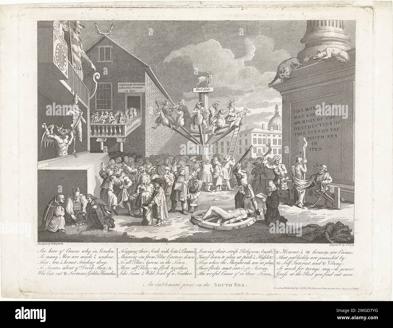 Allegoria sulla South Sea Company, 1720, 1800 stampa Allegory at the Financial speculation a Londra nella British South Sea compagnie, 1720. Centrare una giostra su cui cavalcano i commercianti di vento, in primo piano l'onestà è rotta dall'interesse personale. Appartiene al gruppo di stampe aggiuntive aggiunte alla scena della serie sciocchezza con cartoni animati sul commercio eolico o di azione del 1720. La carta di Londra incide un boom speculativo. panico finanziario. merry-go-round, rotatoria; sedia o'plane Londra Foto Stock