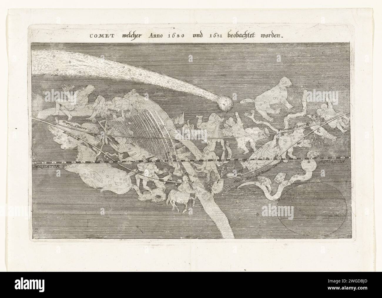La cometa del 1680-1681, 1680 - 1681 stampa la cometa visibile nell'inverno del 1680-1681. Rappresentazione astronomica della posizione della cometa tra i segni dello zodiaco. Germania (forse) cometa di incisione su carta Foto Stock