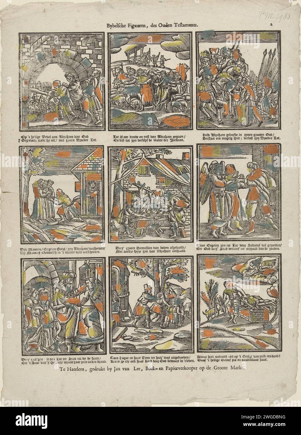 Bybelsche Figures, The Old Testament, 1739 - 1786 fogli stampati con 9 rappresentazioni della storia di Abramo dall'Antico Testamento. Un verso in due direzioni sotto ogni immagine. Numerato in alto a destra: 2. Editore: Haarlemprint Maker: Netherlands paper letterpress Printing story of Abraham Foto Stock