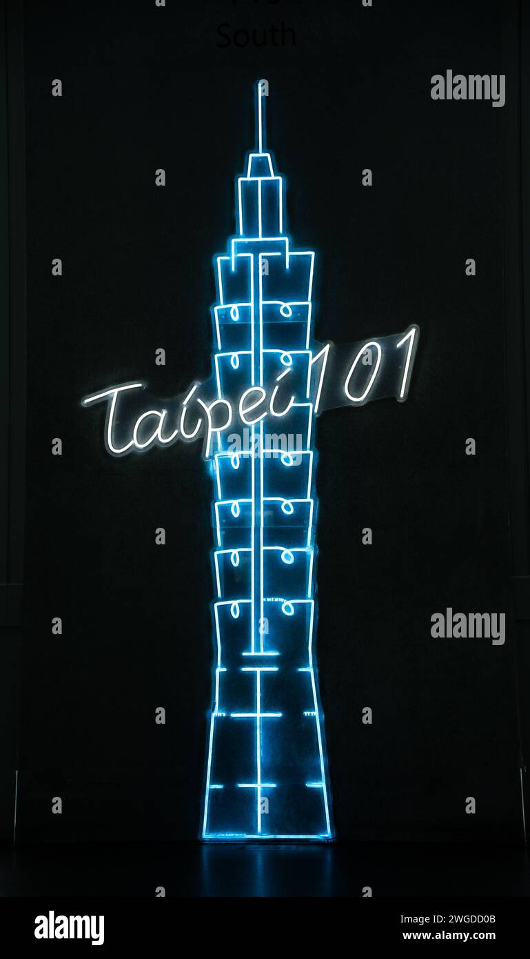 Taipei 101, insegna al neon della torre sullo sfondo nero, verticale, Taipei, Taiwan Foto Stock
