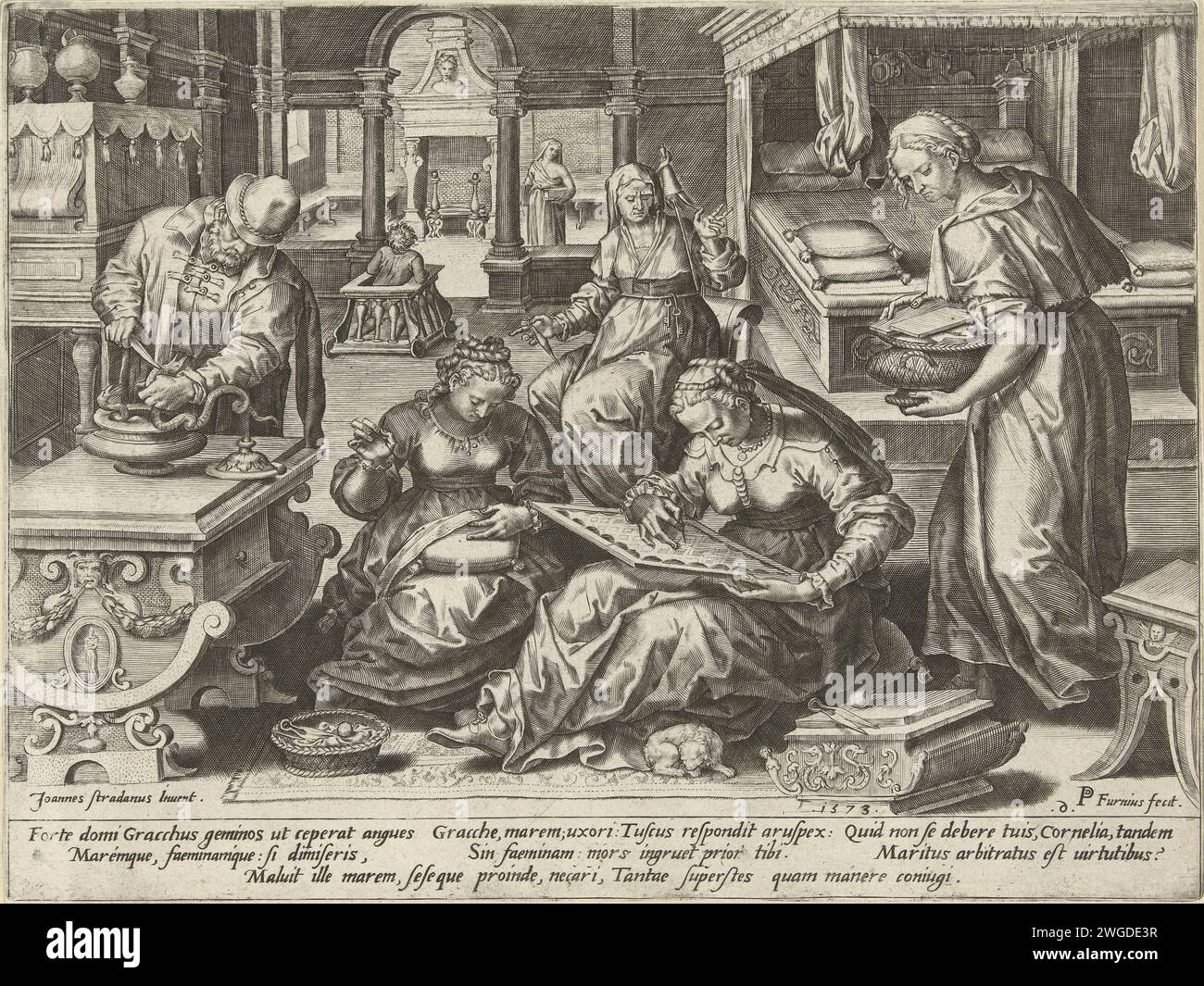 Cornelia en Gracchus Binnenshuis, Pieter Jalhea Furnius, dopo Jan van der Straet, stampa del 1573 Cornelia e suo marito Tiberio Sempronio Gracchus sono esposti al chiuso. Gracchus uccide due serpenti a sinistra, a destra Cornelia è realizzata in mezzo a tre donne. Nel margine sotto lo spettacolo c'è un testo in latino, speculare in basso a destra: 6. La stampa fa parte di una serie di stampe che raffigurano eventi della storia romana. Incisione su carta (storia di) Cornelia, madre dei Gracchi. (Storia di) Gracchus Tiberius Foto Stock