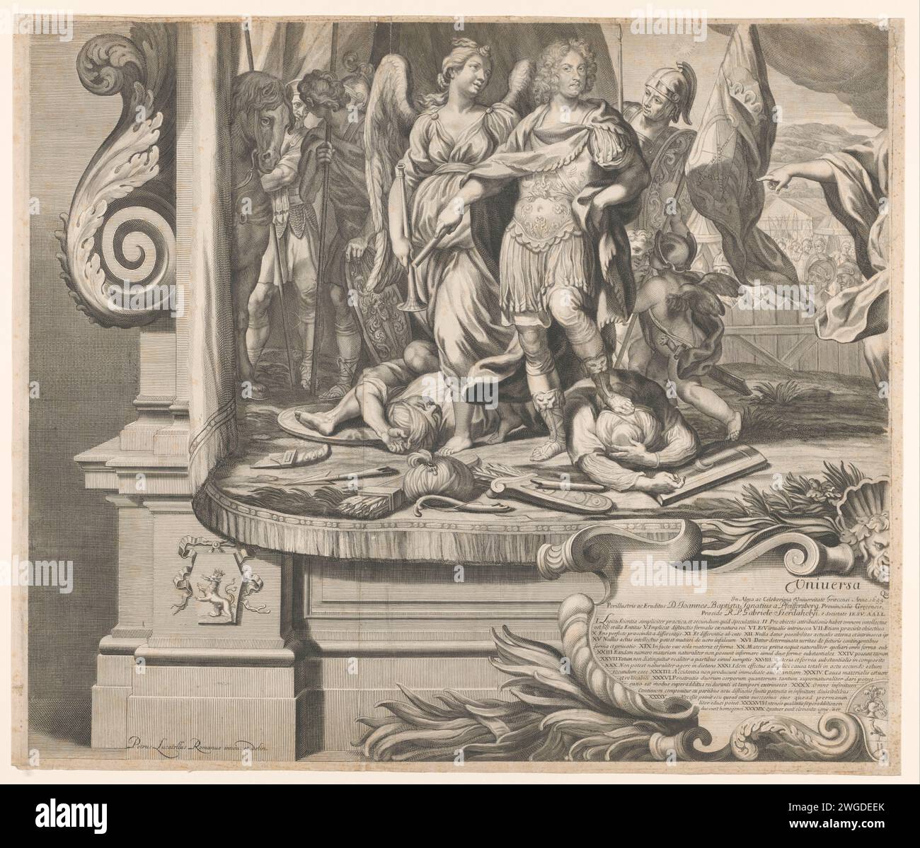 Stampa promozionale per Joannes Baptista a Pfeiffersberg (foglie in basso a sinistra), Arnold van Westerhout, dopo Pietro Locatelli, stampa del 1699 August II van Polen con un angelo a sinistra e una parte di un esercito. Nel margine inferiore un verso di diciotto righe in latino in occasione della promozione di Joannes Baptista a Pfeiffersberg. Re dell'incisione di carta di Roma Foto Stock