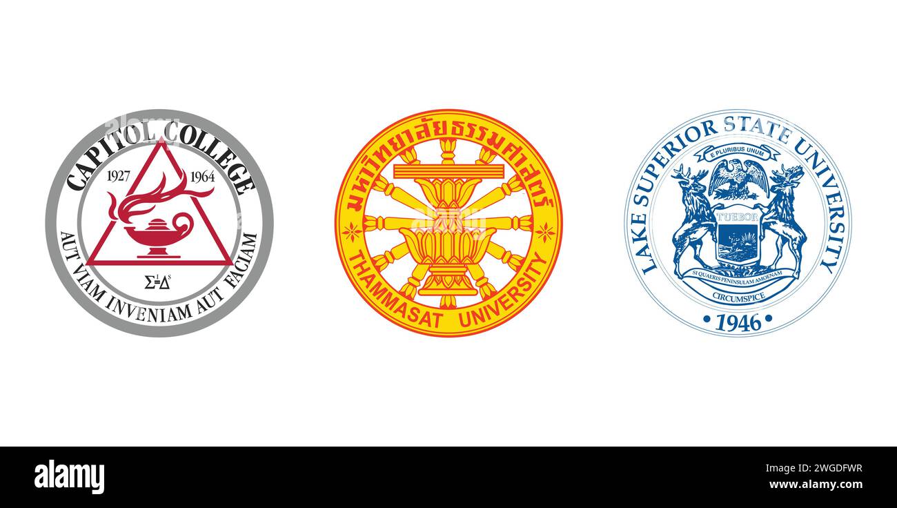 Capitol College Seal, Lake Superior State University Seal, Thammasat University Seal. Emblema editoriale del marchio. Illustrazione Vettoriale