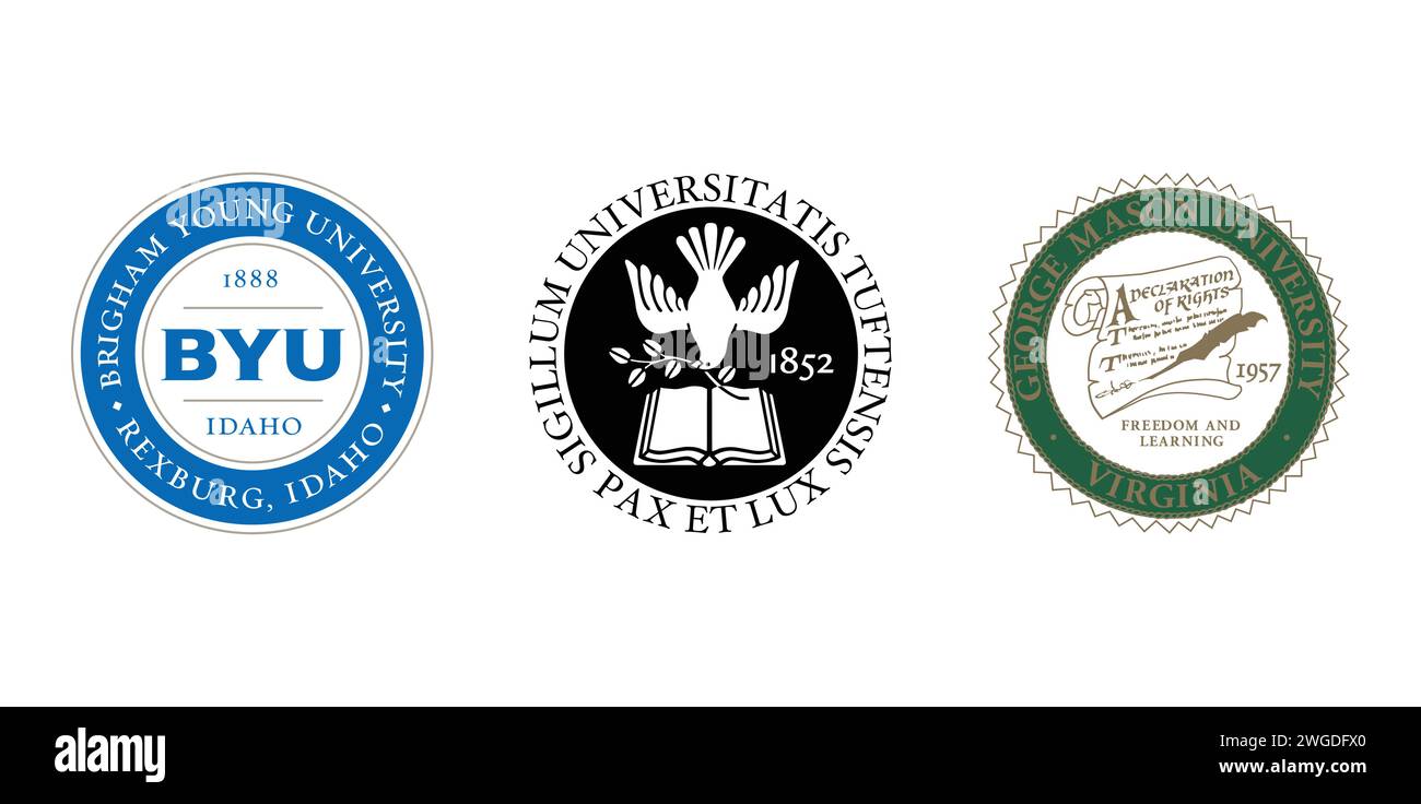 BYU Idaho Medallion, Tufts University Seal, George Mason University Virginia. Emblema editoriale del marchio. Illustrazione Vettoriale