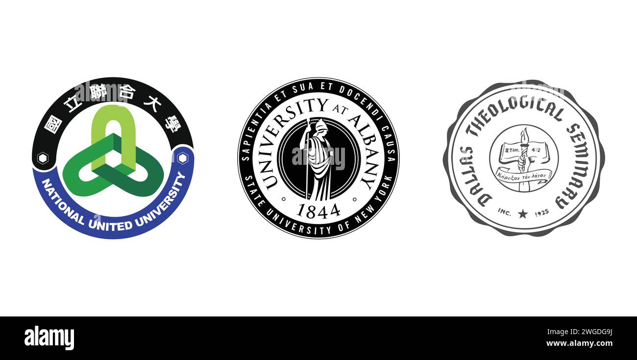 National United University, University at Albany SUNY Seal, Dallas Theological Seminary Seal. Emblema editoriale del marchio. Illustrazione Vettoriale