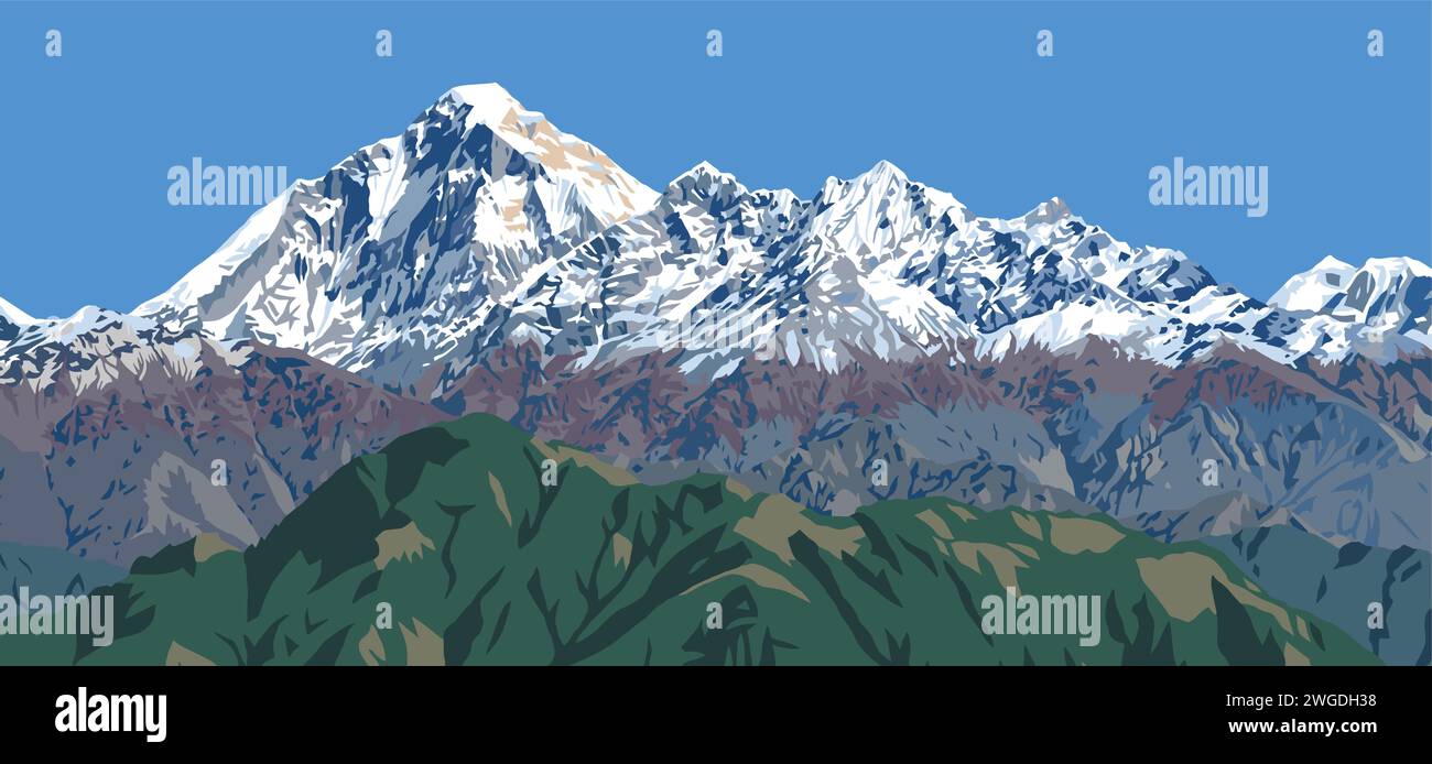 Monte Dhaulagiri visto dall'illustrazione vettoriale del passo di Jaljala, montagne dell'Himalaya del Nepal Illustrazione Vettoriale