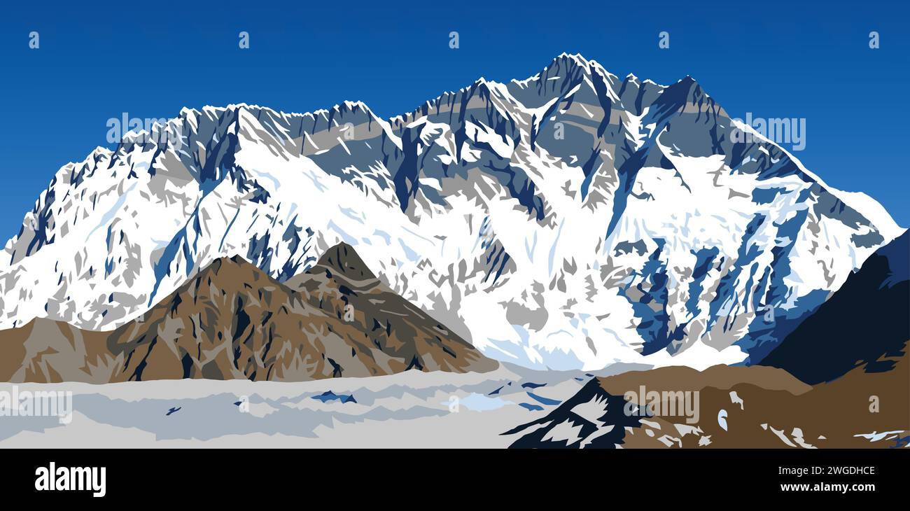 Monte Lhotse sud parete rocciosa e ghiacciaio, vettore illustrazione, Khumbu valle, Everest zona, Nepal himalaya montagne Illustrazione Vettoriale