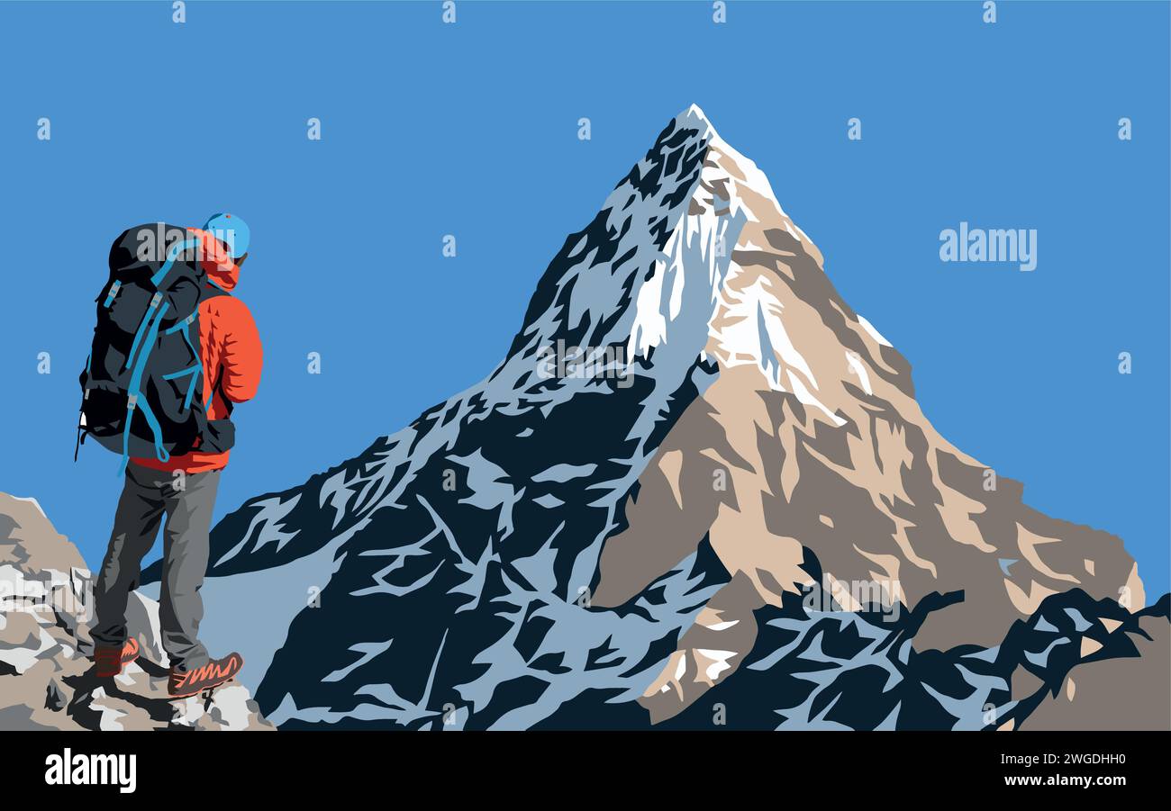 Illustrazione vettoriale di montagna, montagne dell'Himalaya, splendida vetta, monte Everest con escursionista Illustrazione Vettoriale