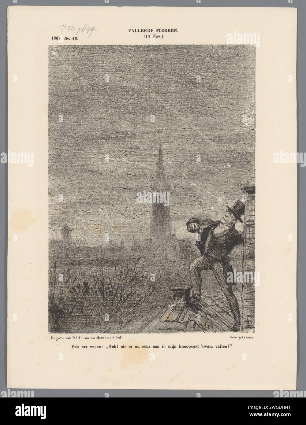 Cartoni animati con Falling Stars, 1867, 1867 stampa Cartoon con un uomo in piedi su un tetto che vuole che una stella cadente cada nel suo buco. Plaat è apparso al Weekblad De Nederlandsche Spectator, no 46, 16 novembre 1867. Tipografia: Netherlandsprinter: Netherlandspublisher: Arnhempublisher: The Hague paper . Foto Stock