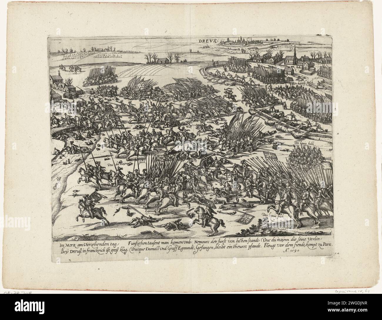 Battaglia di Ivry (Dreux), 1590, 1590 - 1592 stampa Vista della battaglia a Ivry (Dreux), 14 marzo 1590. In lontananza la città murata. Con didascalia di 2 righe in tedesco. Senza numero. Copia speculare - immagine o ripetizione sulla stampa di Hogenberg. Carta di Colonia incidere battaglia, combattere in generale Ivry. Dreux Foto Stock