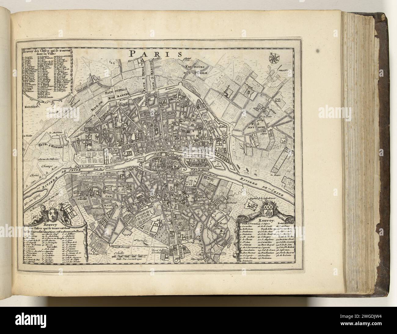 Mappa di Parigi, ca. 1693-1696, 1693 - 1696 Stampa mappa della capitale francese Parigi. Parte della quinta parte (1696) dell'opera stampata in cui le otto parti di Les Forces de l'Europe sono pubblicate tra il 1693 e il 1697. L'opera stampata consiste di 175 tavole con i piani (da Sébastien le Prestre, Seigneur de Vauban) di famose città e fortezze forti durante la guerra dei nove anni. Titolo e iscrizioni in francese. Tipografia: Francepublisher: Paris cartaceo incide mappe delle città di Parigi Foto Stock