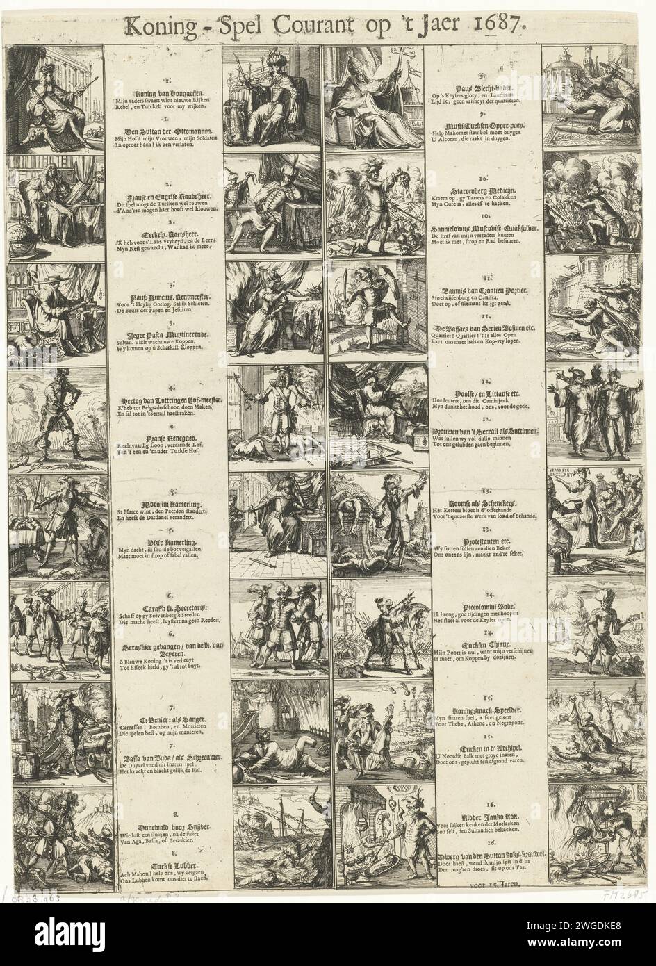 Cartoni animati degli eventi dell'anno 1687, Romeyn de Hooghe, 1687 - 1688 stampa Cartoon sugli eventi dell'anno 1687 sotto forma di gioco. 32 piccole foto numerate sugli eventi politici del 1687, principalmente sull'Europa meridionale e orientale, la lotta contro i turchi e la persecuzione degli ugonotti, in 4 serie fianco a fianco. Ognuna delle due immagini con un verso a 2 righe, numerate da 1 a 16. Incisione della carta nei Paesi Bassi settentrionali/stampa su carta tipografica Foto Stock