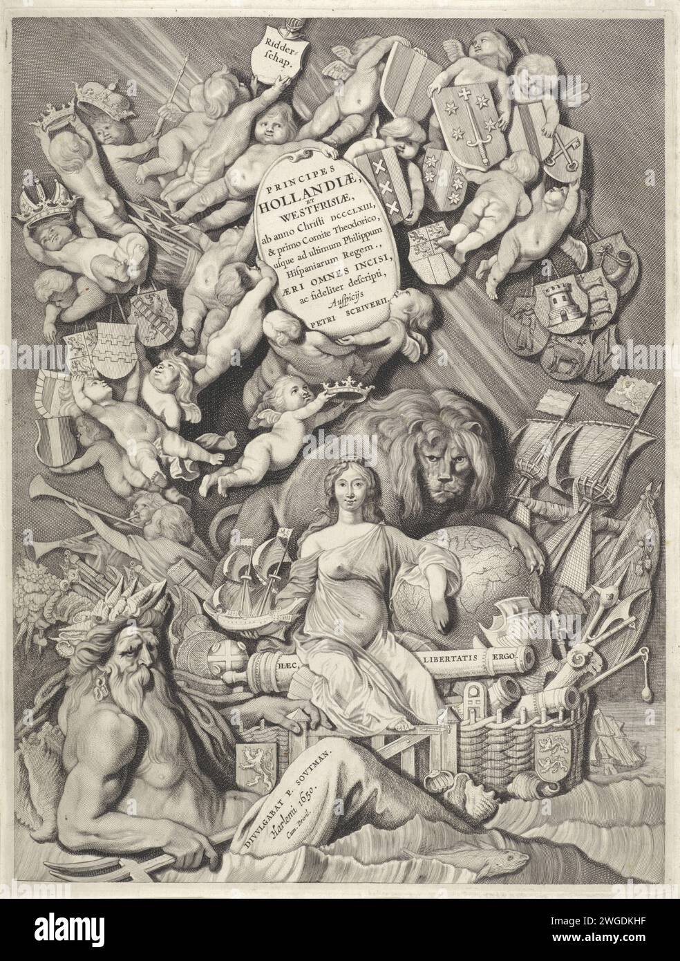 Stampa del titolo per una serie di tombe e motori di Olanda, Zelanda e Frisia occidentale, Cornelis Visscher (II), 1650 stampa Stampa del titolo per una serie di 38 tombe e motori provenienti da Olanda, Zelanda e Frisia occidentale. Al centro, la Vergine olandese è seduto su un cannone nel giardino olandese. Ha una nave in mano e le lascia riposare il braccio su un globo. Dietro di lei c'è il leone olandese. A sinistra in primo piano c'è Neptunes con il suo tridente tra le onde. Il titolo, alcune corone e diversi stemmi sono tenuti in aria da molti putti. Incisione in carta Haarlem / incisione "Cornucopia", Corno dell'abbondanza. tazza Foto Stock