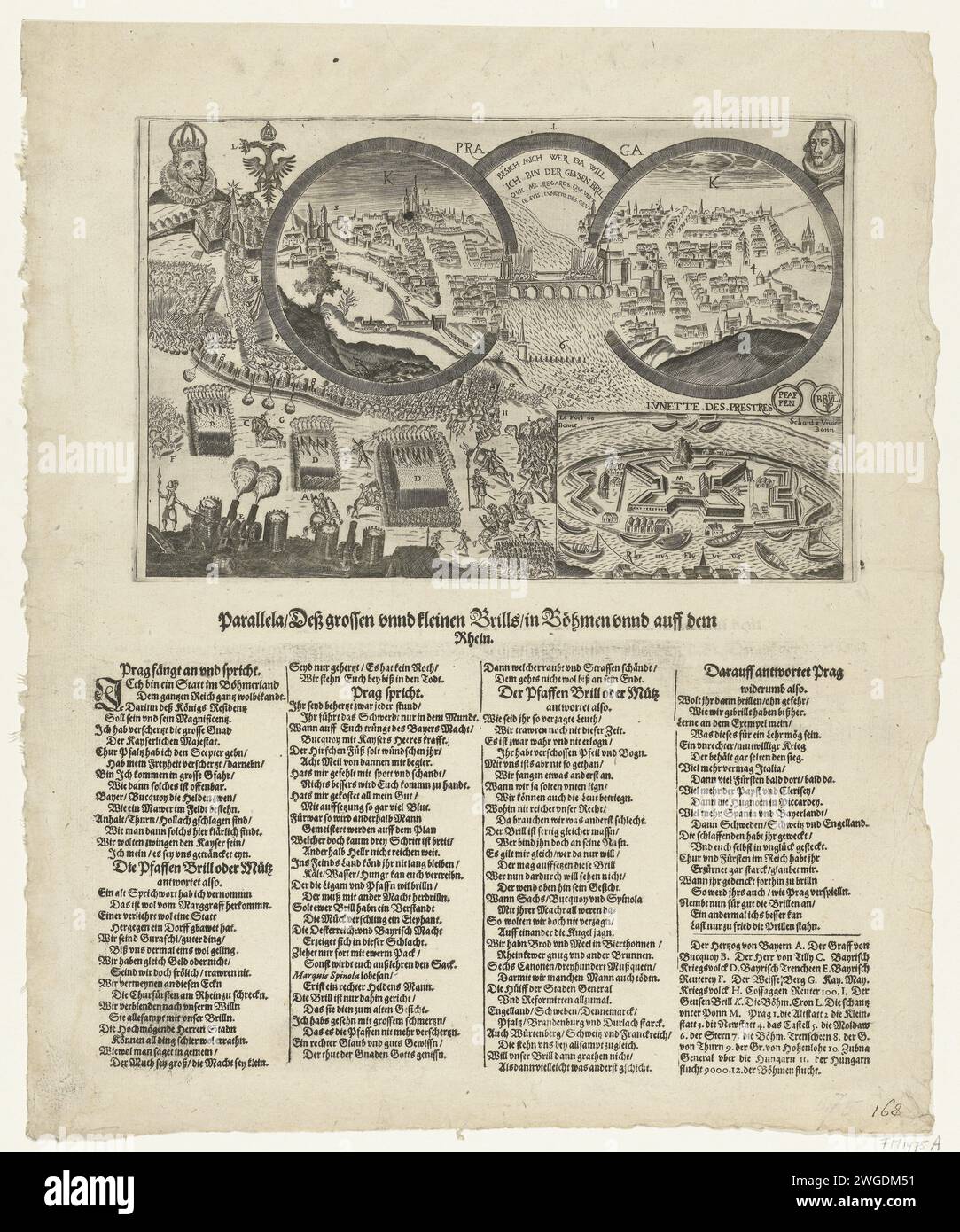 Cartoni animati sull'assunzione di Schans Papenmuts e la caduta di Frederik van Bohemen, 1622, 1622 stampe Cartoon sull'assunzione da parte degli spagnoli di Schans Papenhoot nel Reno il 29 dicembre 1622 e la caduta di Frederik van de Palts, re di Boemen. Vista della città di Praga, vista da grandi bicchieri (i grandi occhiali geuzen) e la sconfitta di Frederik nella battaglia del Witte Berg (8 novembre 1620). In basso a destra la conchiglia del cappello Papen, con piccoli bicchieri (i bicchieri papen). In cima ai ritratti dell'imperatore Ferdinando II e del Palatesgraaf Frederik V. stampati sotto lo spettacolo Foto Stock