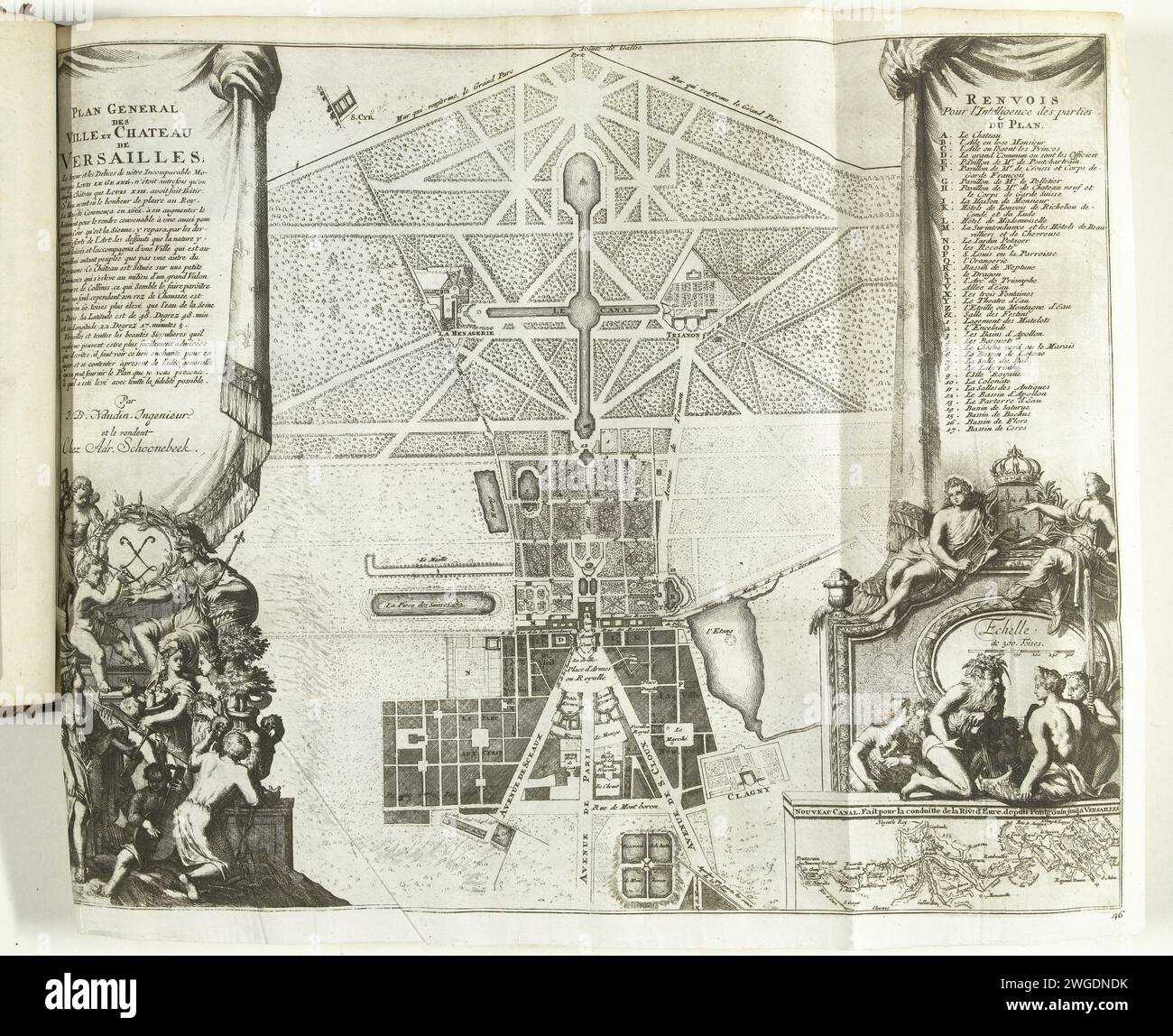 Mappa del castello e dei giardini di Versailles, 1726, 1726 Stampa mappa del castello e dei giardini di Versailles. Decorata con tappeti con figure allegoriche. Targa n.. 46 nella parte III dell'opera stampata: Les Forces de l'Europe, Asie, Afrique et Amerique ... Comme Aussi Les Cartes des Côtes de France et d'Espagne dal 1726, questa prima parte con 238 carte numerate a mano di rinomate città e fortezze forti nel contesto della guerra di successione spagnola 1701-1713. Per la maggior parte, questi documenti sono stati copiati negli anonimi documenti francesi di famose città e forze forti: In Les Foto Stock
