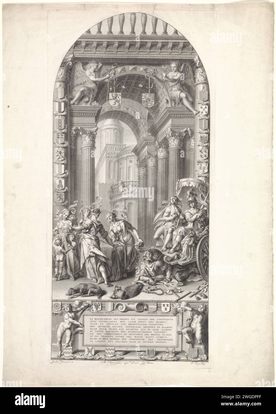 Vetrata 1 nel Sint-Janskerk di Gouda: La libertà di coscienza trionfa sulla tirannia, Pieter Tanjé, dopo Giulio Cesare Boëthius, dopo Joachim Wtewael, dopo Adriaan Gerritsz. De Vrije, 1738 - 1754 stampare la vetrata nel Sint-Janskerk di Gouda con lo spettacolo: La libertà di coscienza trionfa sulla tirannia. Su un carro, il governo olandese è nella forma di Minerva e libertà di coscienza. Guidano oltre la tirannia. Il carro è disegnato dalle personificazioni di fermezza, amore, unità, giustizia e lealtà. Lo spettacolo è circondato dalle armi di citi Foto Stock