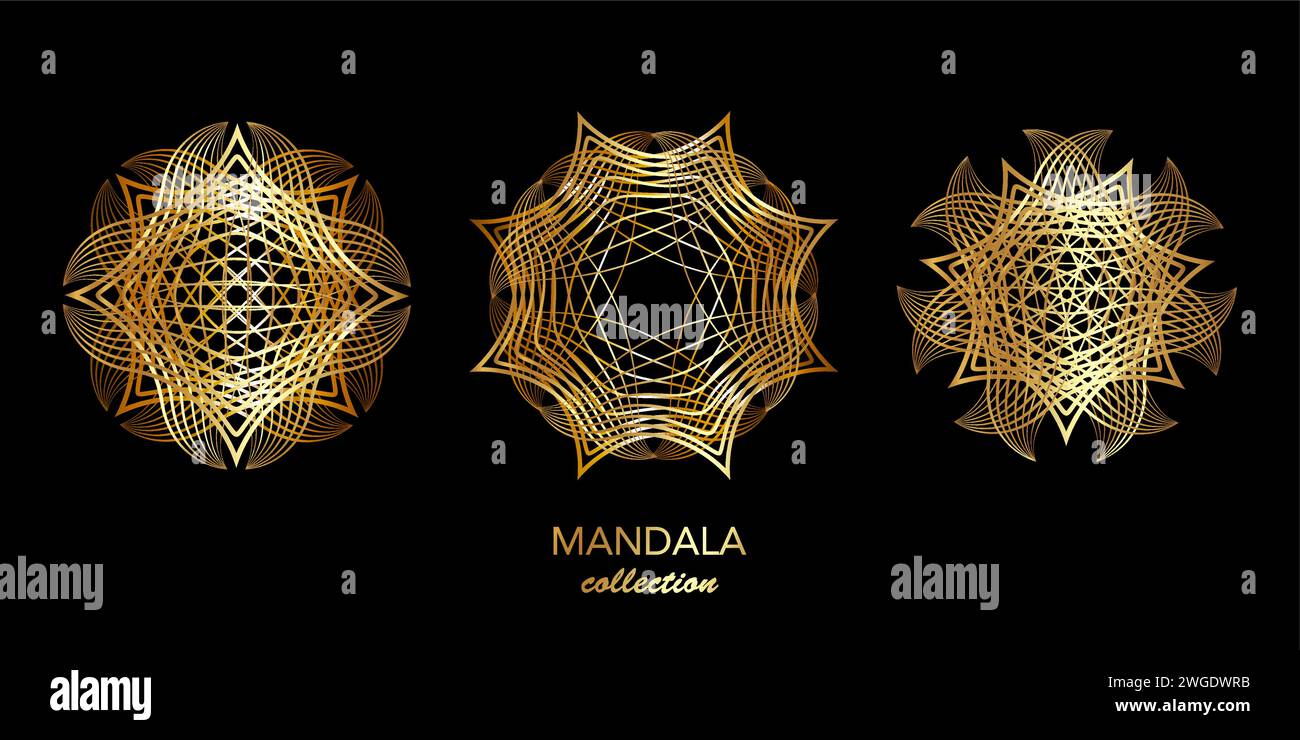 Set Golden Mandala, cerchi tecnologici geometrici astratti, logo a reticolo business concept pacchetti Vector Luxury, geometria sacra in oro rotondo Illustrazione Vettoriale