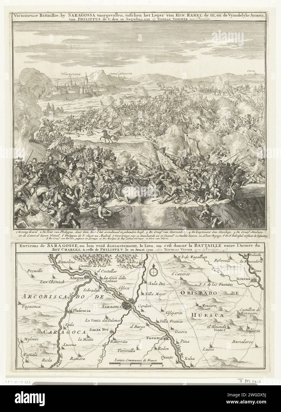 Vittoria sull'esercito francese a Saragozza, 1710, 1710 stampa Foglia con una rappresentazione e una mappa della vittoria degli Alleati sull'esercito francese nella battaglia di Saragozza, 20 agosto 1710. Le rappresentazioni di due piastre sotto una sola foglia. Mappe cartacee dei Paesi Bassi settentrionali per l'incisione di mappe di paesi o regioni distinti. Battaglia (+ forze terrestri) Saragozza Foto Stock