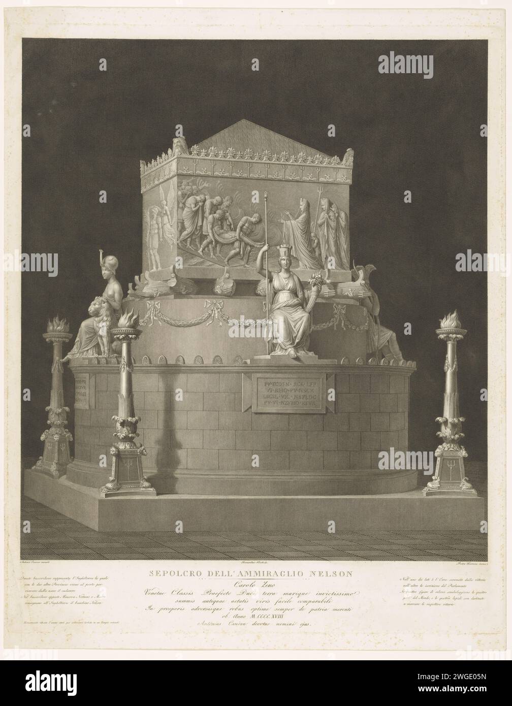 Monumento funebre per il vice ammiraglio Horatio Nelson, duca van Bronte, Pietro Fontana, dopo Bernardino Nocchi, dopo Antonio Canova, 1805 - 1837 stampare il monumento funerario per Horatio Nelson dello scultore italiano Antonio Canova. Testo e assegnazione in italiano in STUDMARGE. Tomba, incisione e incisione in carta italiana. monumento, statua Foto Stock