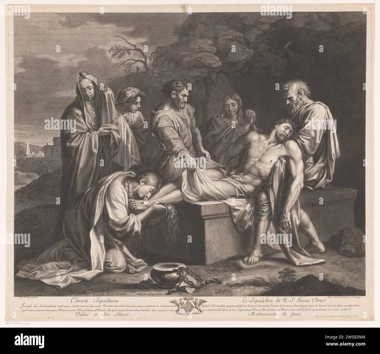Graflegging van Christus, Etienne Picart, dopo Eustache Lesueur, 1686 stampa France paper Engraving / Etching Christ's entombment (forse dagli angeli) Foto Stock