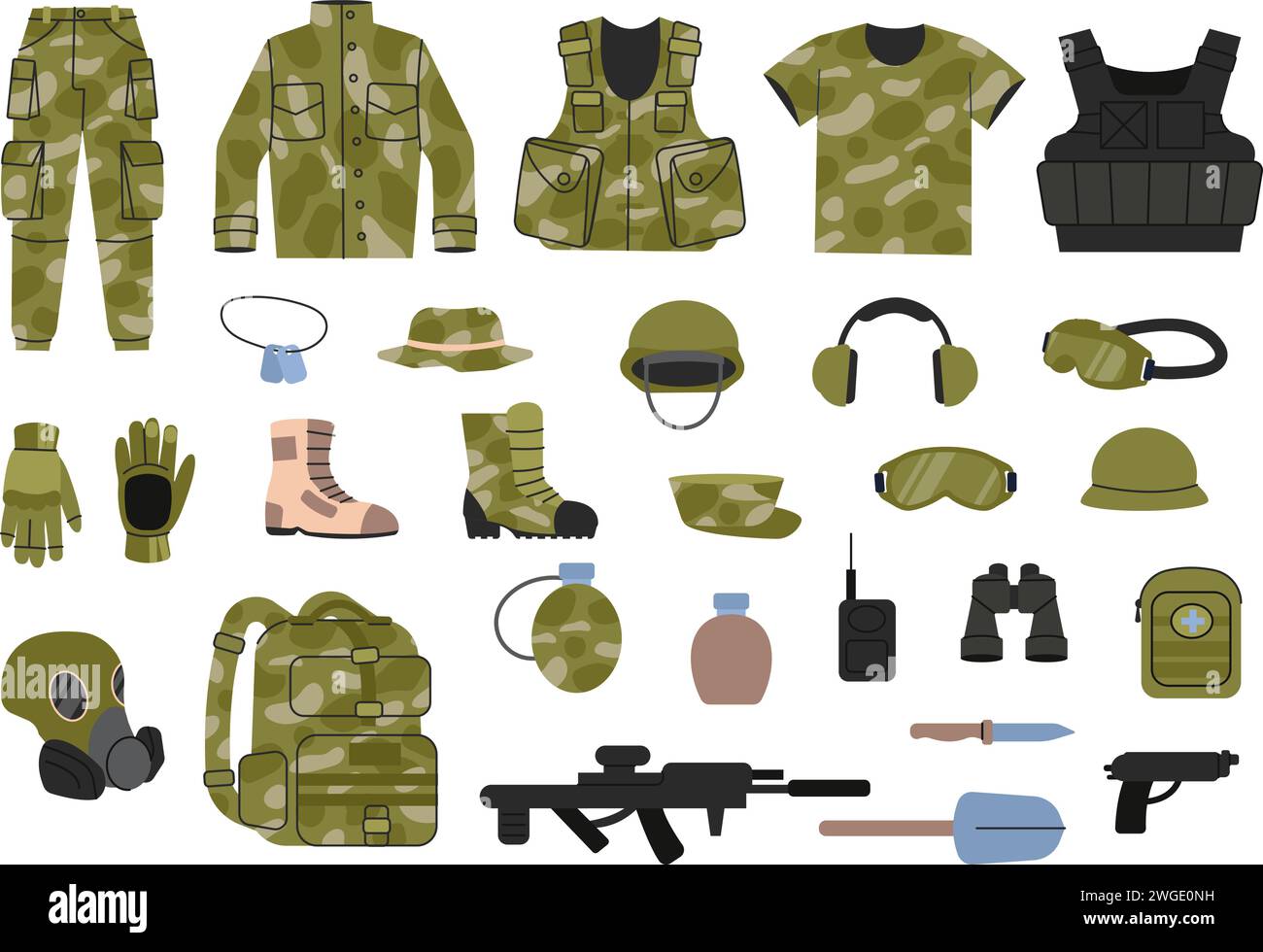 Equipaggiamento militare. Uniforme da soldati, abbigliamento mimetico e strumenti. Stivali, zaino e arma, maschera antigas e binocolo. Icone degli strumenti vettoriali decenti Illustrazione Vettoriale