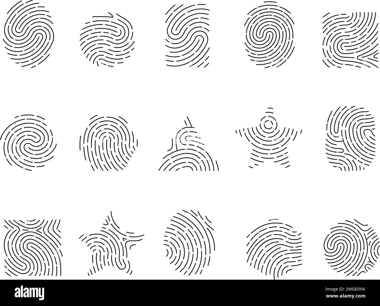Impronte digitali di forme diverse. Icone con impronte digitali allineate a stella, tonda e triangolare. Elementi di identificazione personale isolati, insieme vettoriale decente Illustrazione Vettoriale